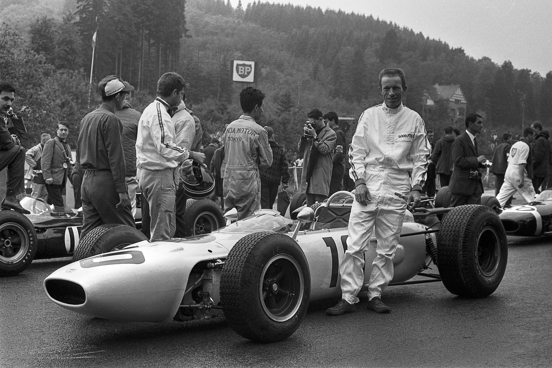 Richie Ginther, Honda RA272, Grand Prix of Belgium, Circuit de Spa-Francorchamps, 13 June 1965. Richie Ginther on the starting grid of the 1965 Grand Prix of Belgium with his Honda RA272. (Photo by Bernard Cahier/Getty Images)