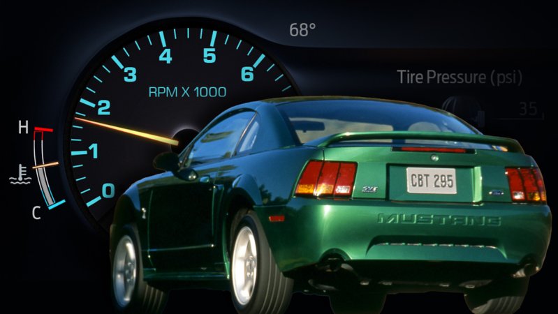 Close-up of SVT Cobra-inspired gauges on 2024 Ford Mustang with an image of an SVT Cobra superimposed.