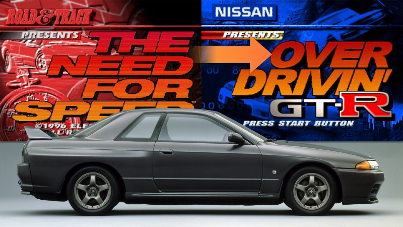 Start screens of The Need for Speed and Nissan Presents: Over Drivin' GT-R with a Nissan R32 Skyline GT-R superimposed.