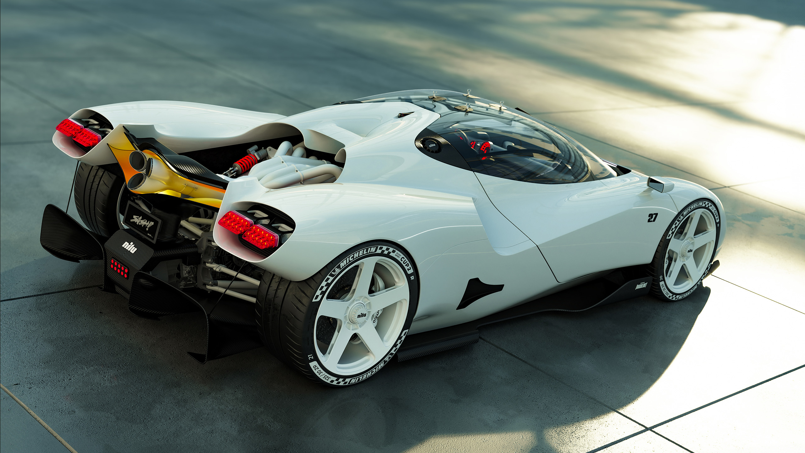 Rear three-quarter image of the Nilu Hypercar.