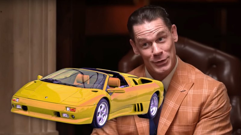 John Cena speaks during interview with yellow Lamborghini Diablo superimposed