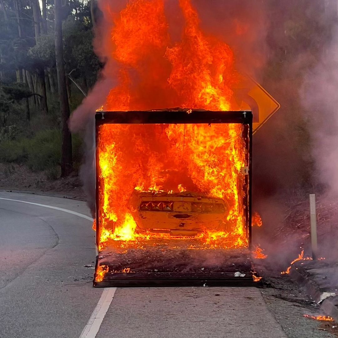 The 1979 Ford Ghia Probe I during and after the trailer fire that destroyed it