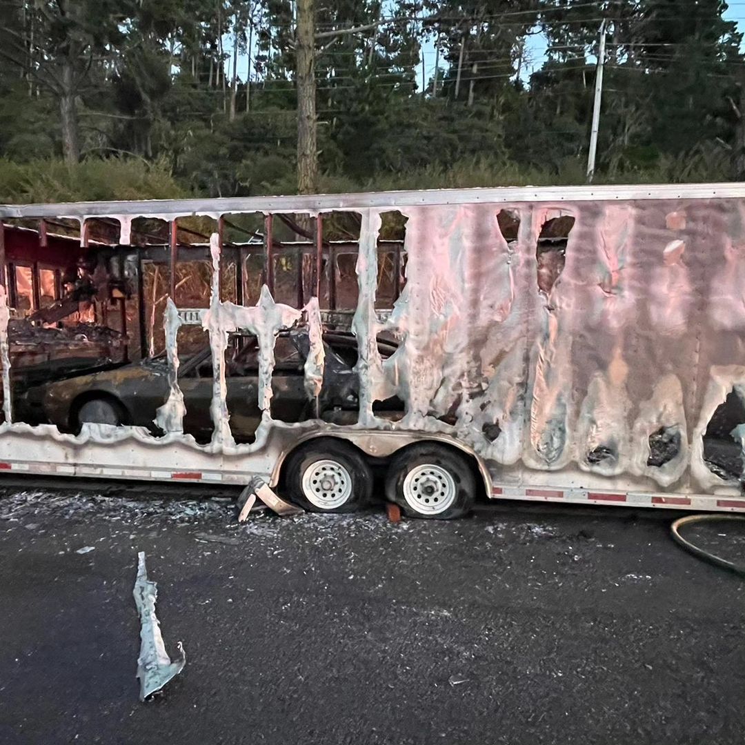 The 1979 Ford Ghia Probe I during and after the trailer fire that destroyed it