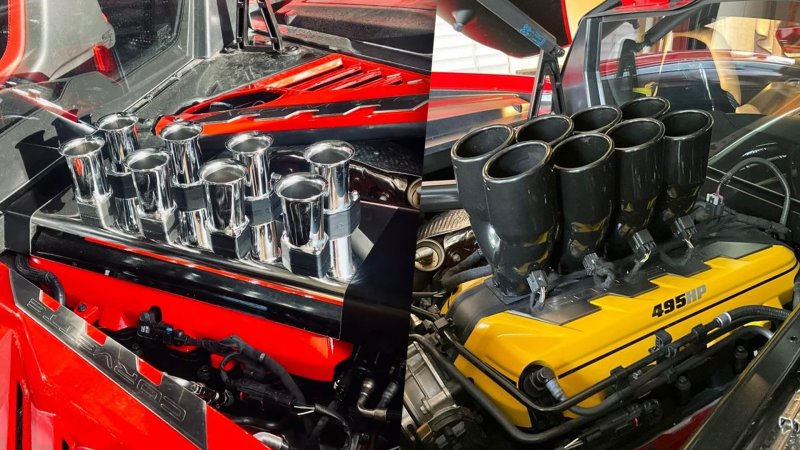 Two sets of fake velocity stacks on C8 Chevy Corvette engine covers