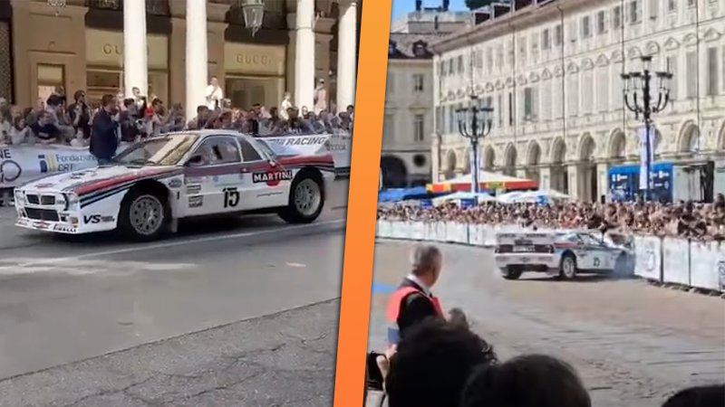 Side-by-side image of Lancia 037 rally car at Turin Auto Show procession.