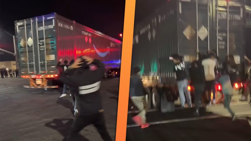 Side-by-side images of a street takeover with an Amazon semi truck in the middle.