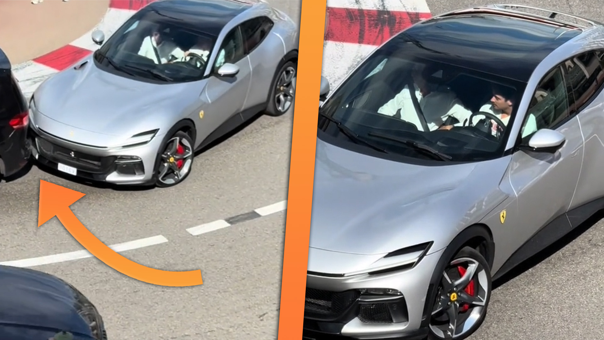 Side-by-side images of Charles Leclerc driving a Ferrari Purosangue after colliding with a vehicle ahead in Monaco traffic.