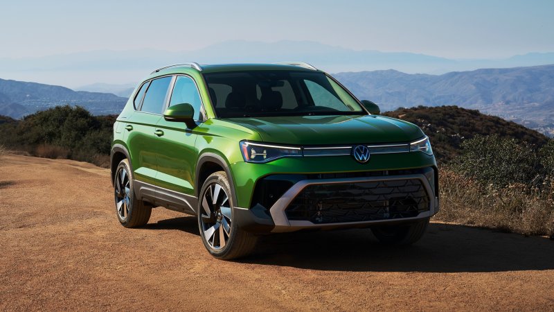 2025 VW Taos front three-quarter shot in green.