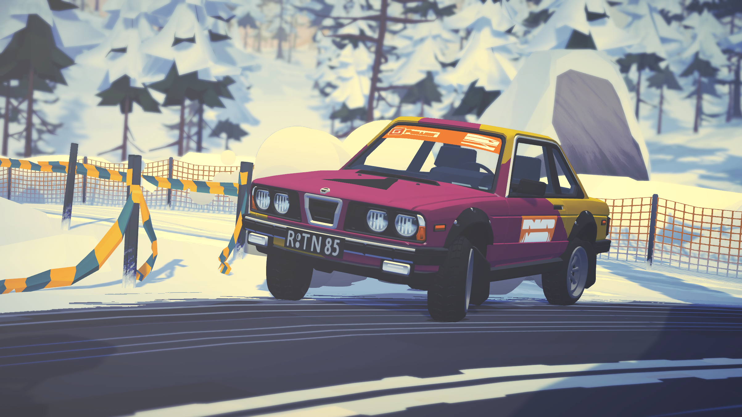 An off-brand BMW E30 drifts on a snow stage in #Drive Rally.