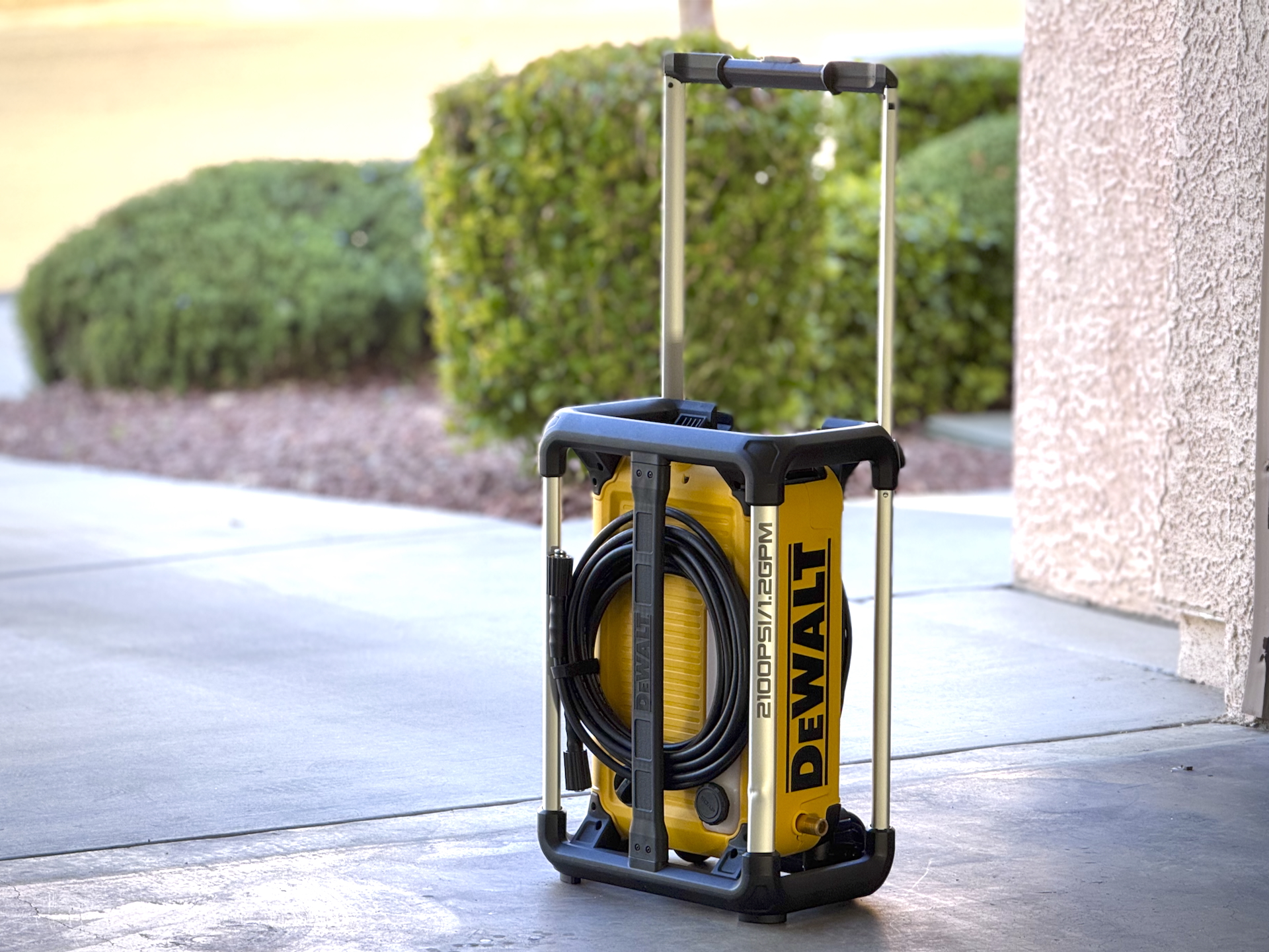 DeWalt electric washer in an upright storage position.