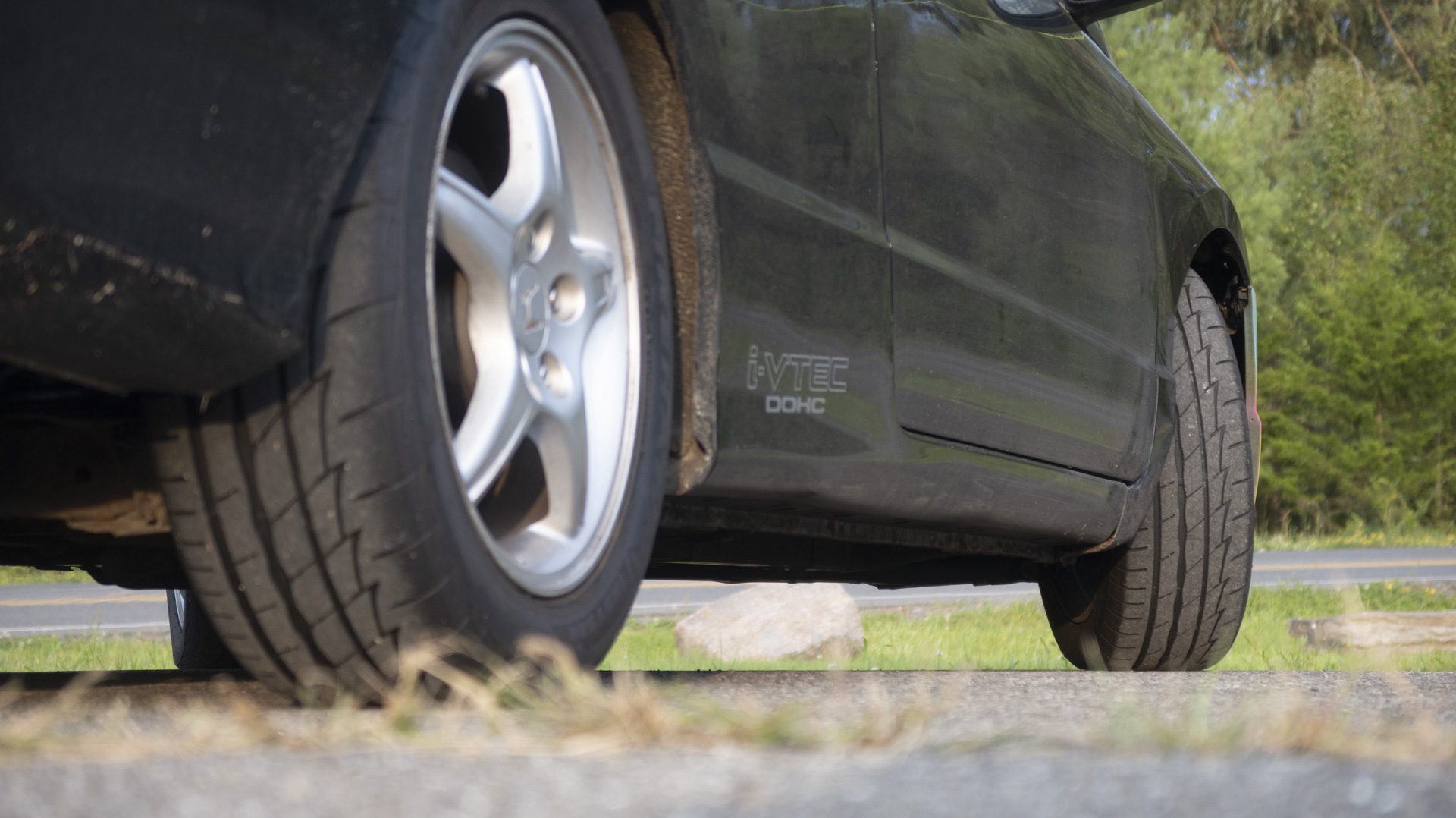 Close-up, Honda Civic front wheel.