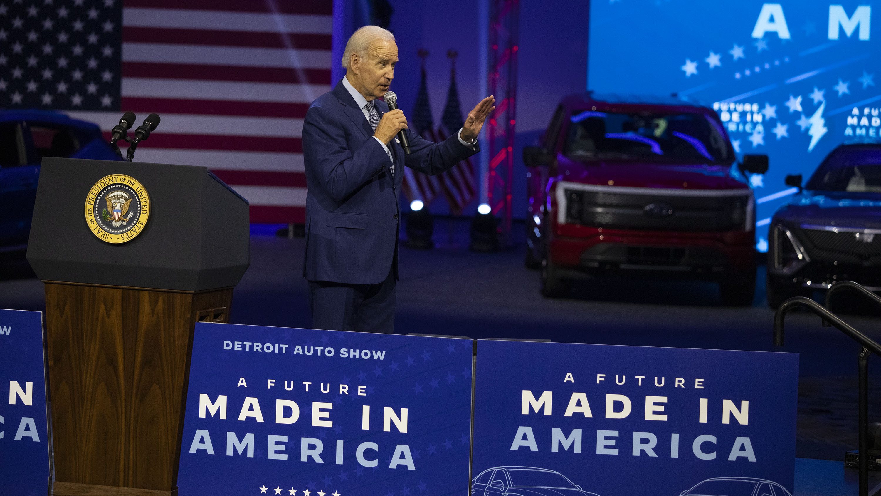 DETROIT, MI - SEPTEMBER 14: President Joe Biden speaks at the North American International Auto Show on September 14, 2022 in Detroit, Michigan. Biden announced a $900 million investment in electric vehicle infrastructure on the national highway system in 35 states. (Photo by Bill Pugliano/Getty Images)