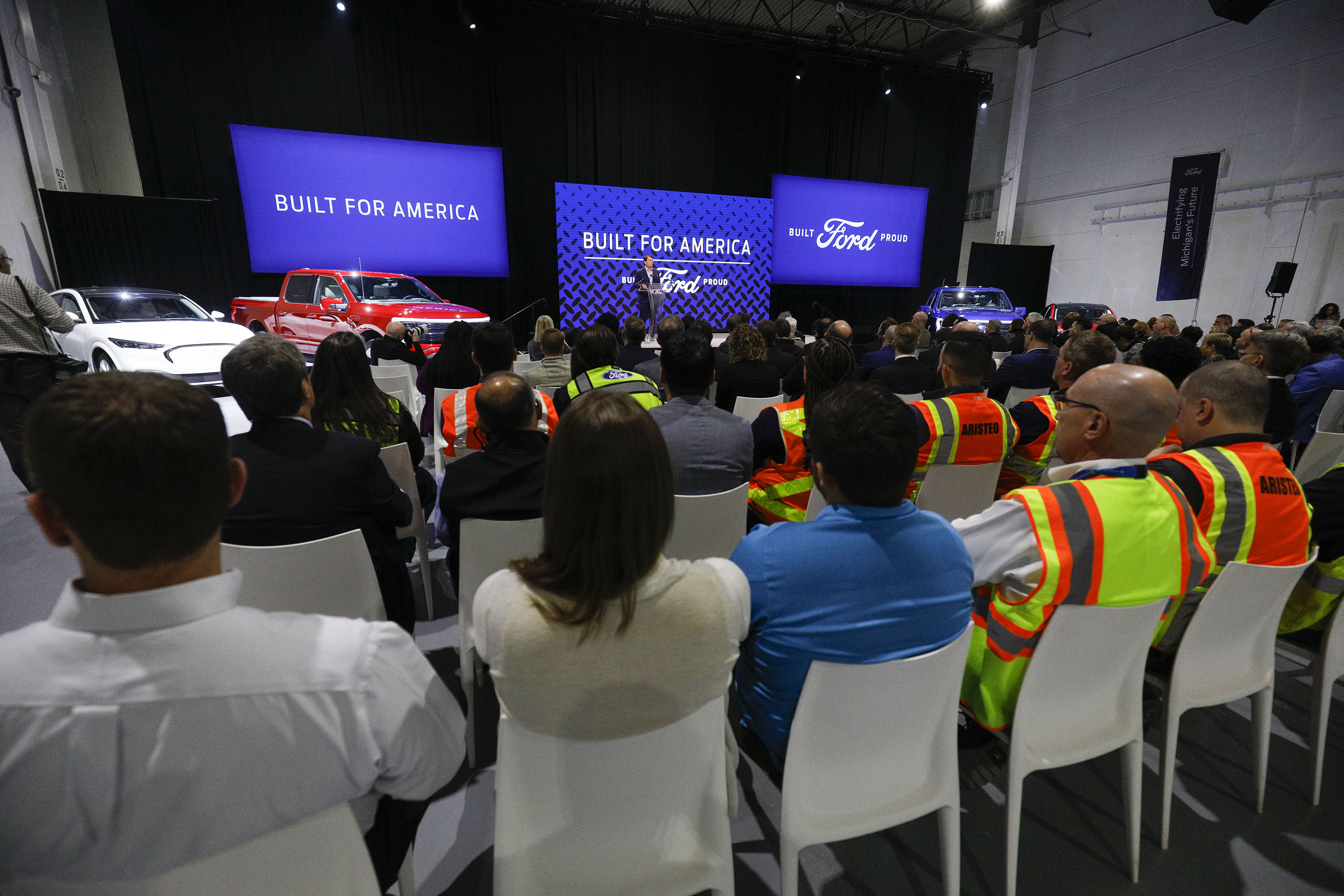 ROMULUS, MI - FEBRUARY 13: Ford CEO Jim Farley announces at a press conference that Ford Motor Company will be partnering with the worlds largest battery company, a China-based company called Contemporary Amperex Technology, to create an electric-vehicle battery plant in Marshall, Michigan, on February 13, 2023 in Romulus, Michigan. Part of a multi-billion dollar investment, the battery plant will provide approximately 2,500 jobs. (Photo by Bill Pugliano/Getty Images)