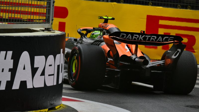 McLaren's British driver Lando Norris steers his car during the third practice session ahead of the Formula One Azerbaijan Grand Prix at the Baku City Circuit in Baku on September 14, 2024. (Photo by Andrej ISAKOVIC / AFP)