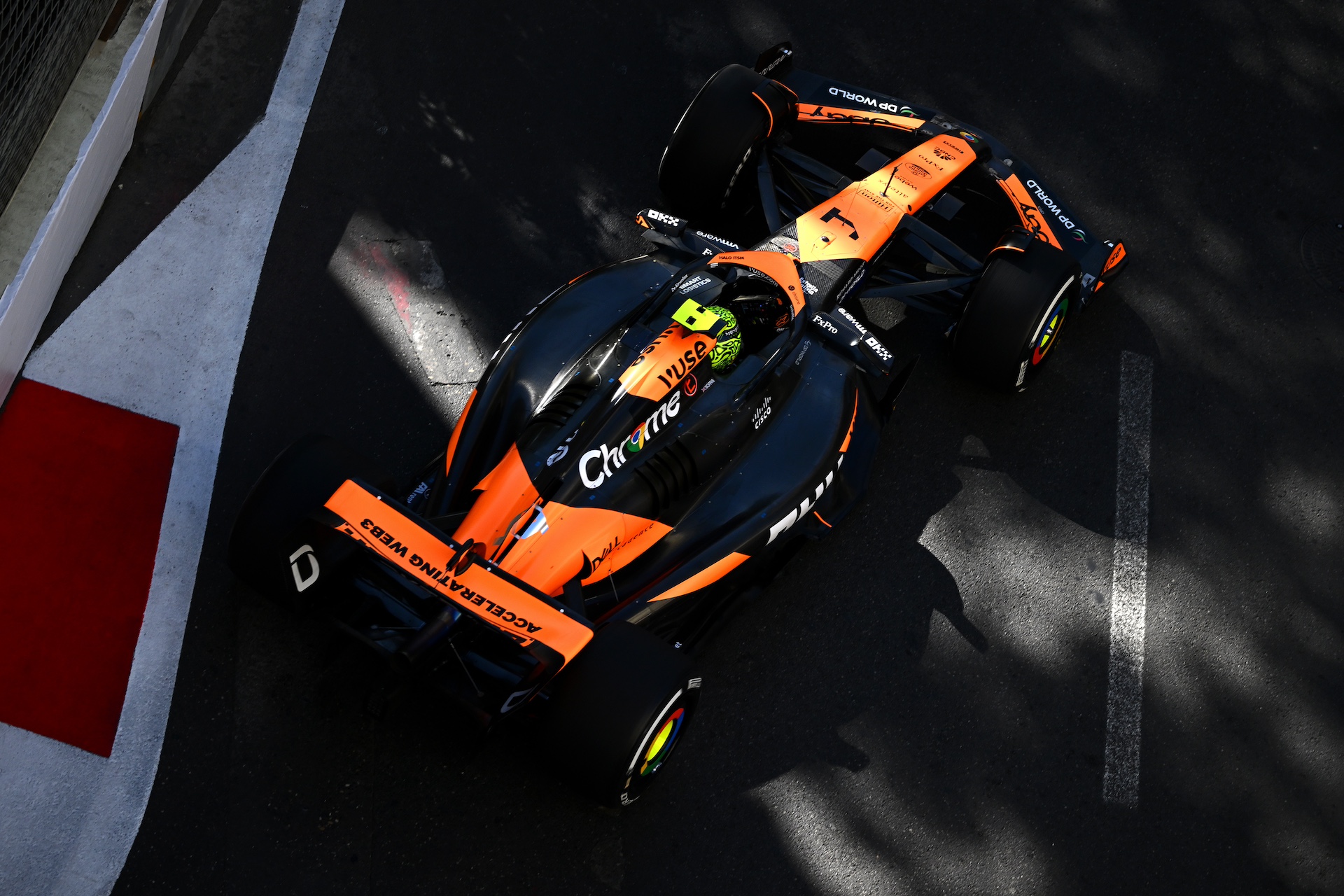 BAKU, AZERBAIJAN - SEPTEMBER 15: Lando Norris of Great Britain driving the (4) McLaren MCL38 Mercedes on track during the F1 Grand Prix of Azerbaijan at Baku City Circuit on September 15, 2024 in Baku, Azerbaijan. (Photo by Clive Mason/Getty Images)