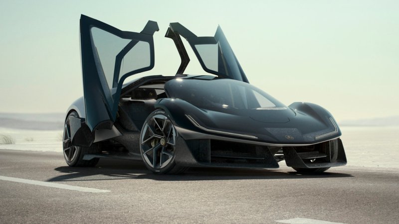 Lotus Theory 1 supercar concept with its doors open.