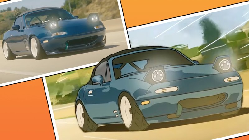 Mazda Miata rendered in Initial D-style anime graphics