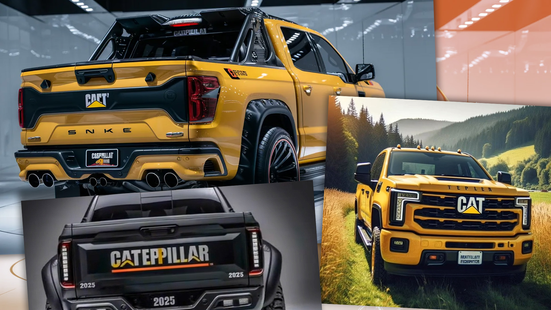 Collage of images of fake AI-made Caterpillar pickup trucks from TikTok.