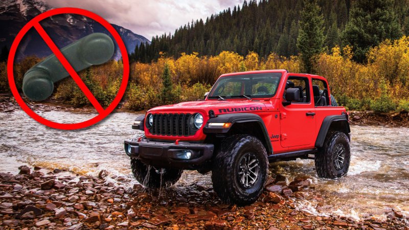 Jeep Wrangler in red next to an image of a window hand crank superimposed, with a circular cross-out sign above it.