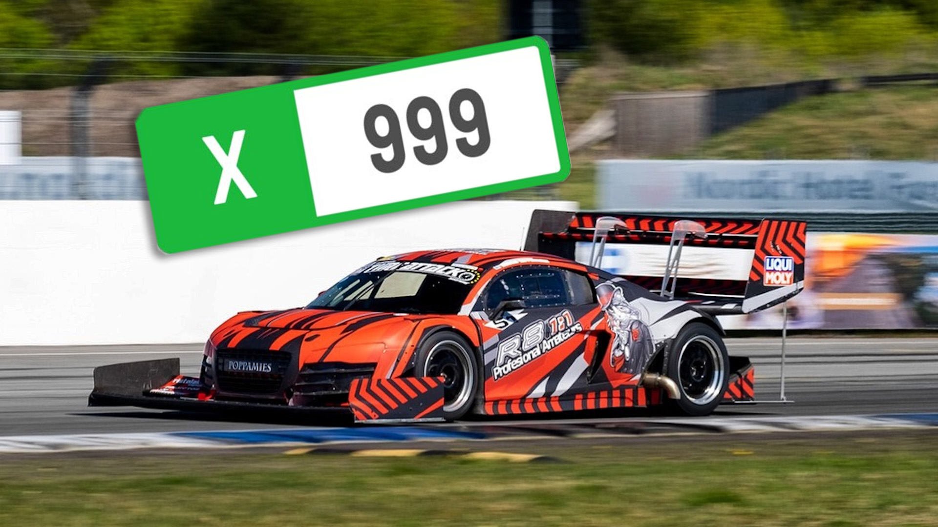 Image of Audi R8 time attack car with "X | 999" class performance rating icon from Forza Motorsport superimposed.