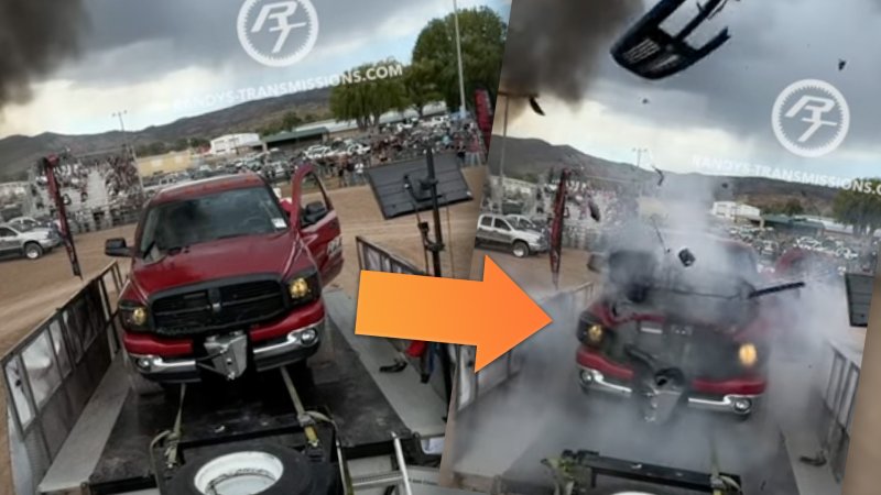 A Ram pickup explodes on a trailer