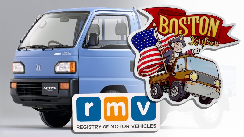 Honda Acty in background with logos of Boston Kei Party and Registry of Motor Vehicles superimposed.