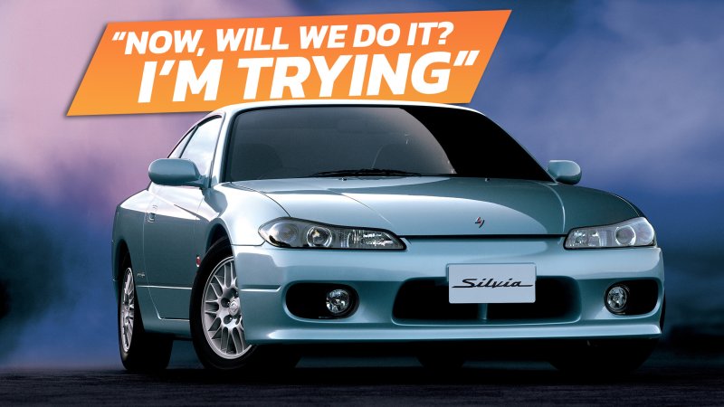 Front three-quarter image of an S15 Nissan Silvia with a quote from a Nissan executive behind it, saying "Now, will we do it? I'm trying."