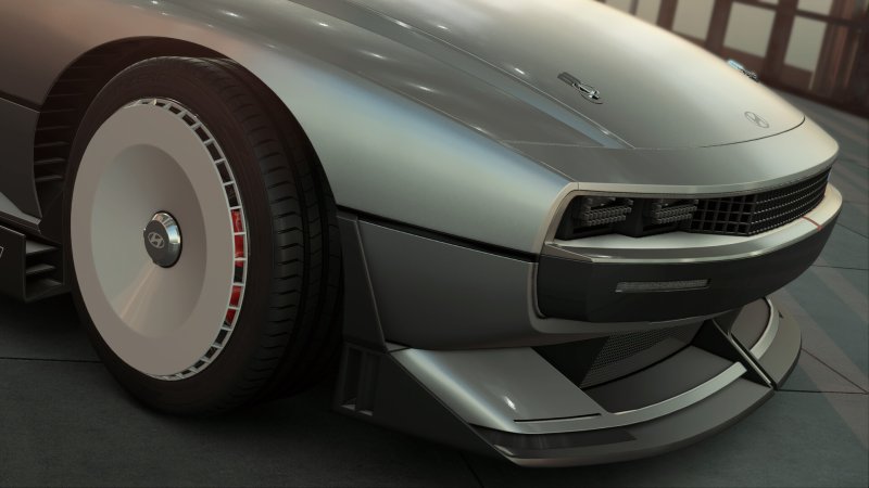 Close up of a Hyundai N Vision 74 front end and right-front wheel in Assetto Corsa Evo.