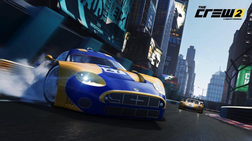 Press image of The Crew 2 showing a Spyker C8 race car drifting through an urban environment.