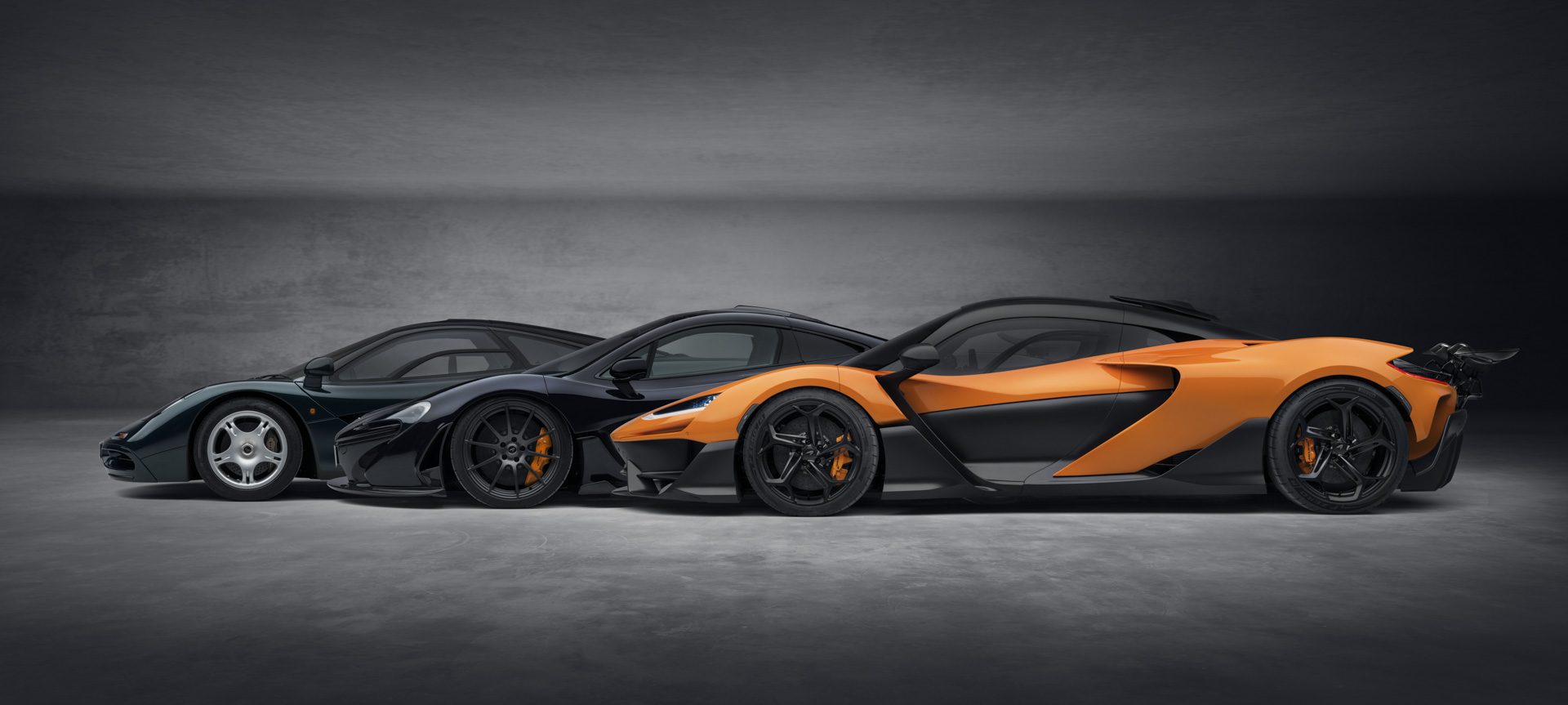 McLaren F1, McLaren P1, and McLaren W1 (left to right) together.