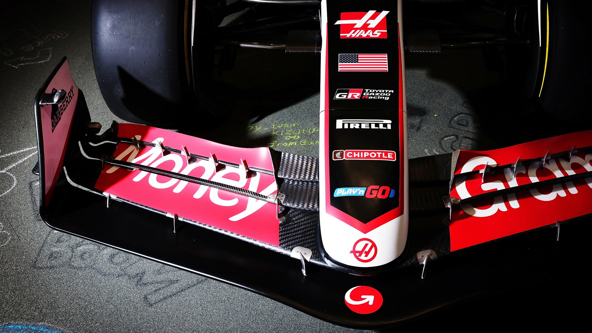 Close-up on nose of Haas F1 car with Toyota Gazoo Racing sponsorship.