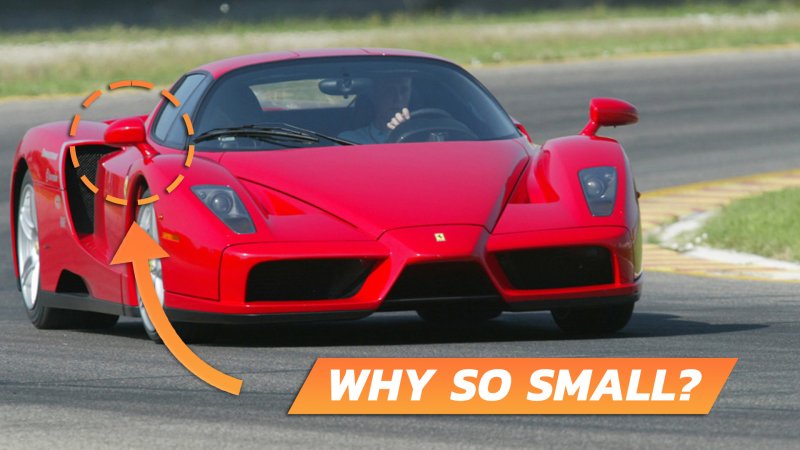 Image of a Ferrari Enzo rounding a turn, with its passenger-side mirror circled. An arrow going to the mirror also leads to a text box that says "Why so small?"