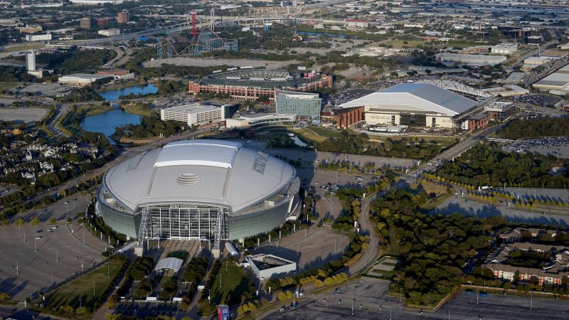 ARLINGTON, TX - OCTOBER 21: An aerial view of AT&T Stadium, Globe Life Field and Globe Life Park before Game 2 of the 2020 World Series between the Los Angeles Dodgers and the Tampa Bay Rays at Globe Life Field on Wednesday, October 21, 2020 in Arlington, Texas. (Photo by Cooper Neill/MLB Photos via Getty Images)