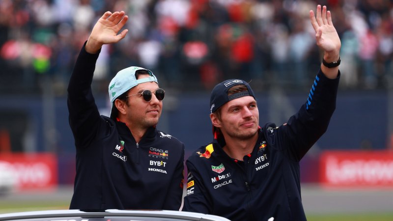 MEXICO CITY, MEXICO - OCTOBER 27: Sergio Perez and Max Verstappen participate in the drivers parade during the F1 Grand Prix of Mexico at Autodromo Hermanos Rodriguez in Mexico City, Mexico on October 27, 2024. (Photo by Daniel Cardenas/Anadolu via Getty Images)