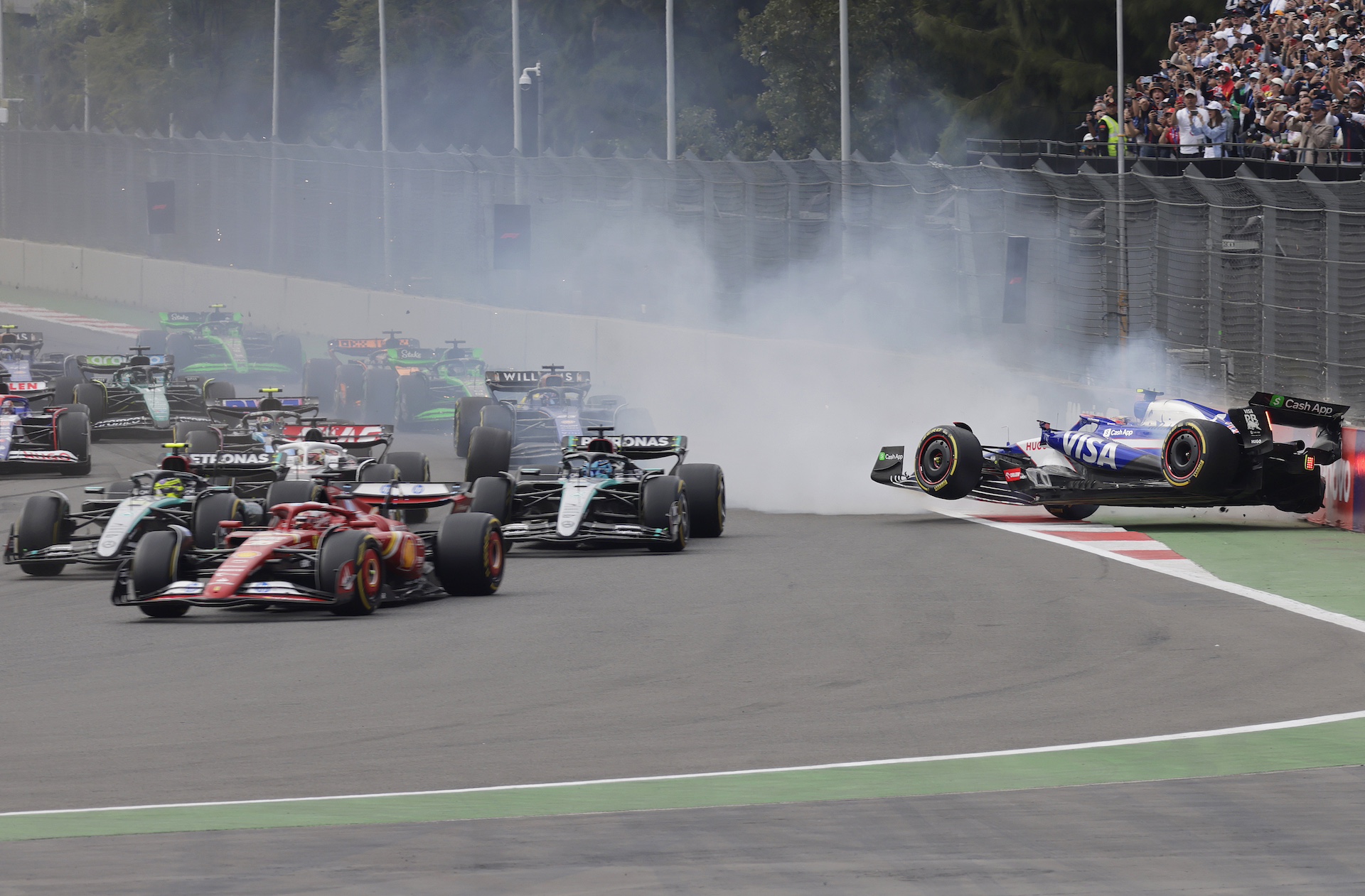 Visa Cash App RB driver Yuki Tsunoda crashes during the 2024 Mexico City Formula 1 Grand Prix at the Hermanos Rodriguez Racetrack in Mexico City, Mexico, on October 27, 2024. (Photo by Gerardo Vieyra/NurPhoto)