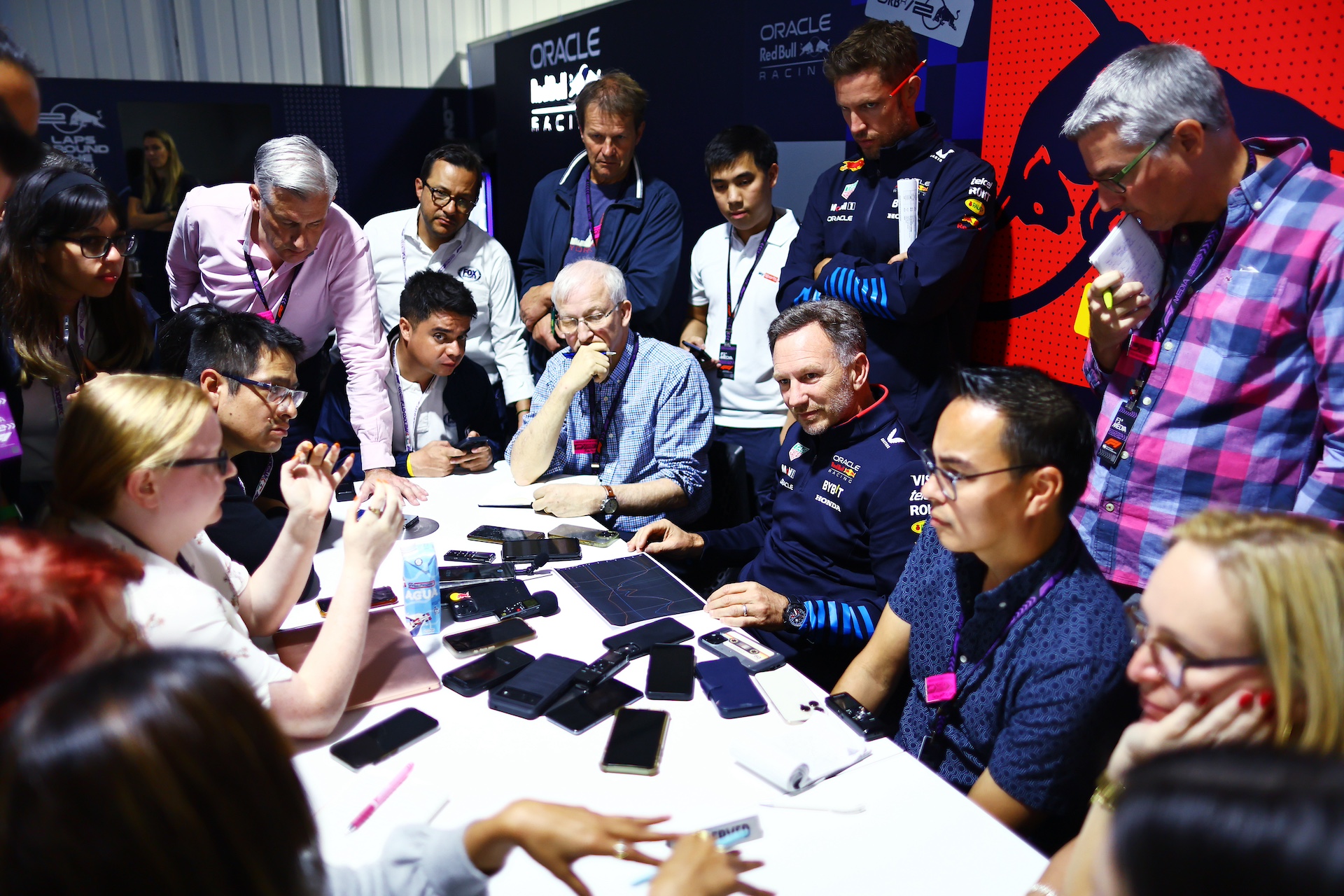 MEXICO CITY, MEXICO - OCTOBER 27: Oracle Red Bull Racing Team Principal Christian Horner talks to the media after the F1 Grand Prix of Mexico at Autodromo Hermanos Rodriguez on October 27, 2024 in Mexico City, Mexico. (Photo by Mark Thompson/Getty Images)