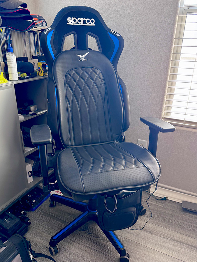 laxon air massaging seat cover fitted to a sparco office chair