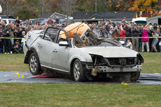 Giant pumpkin smashes car