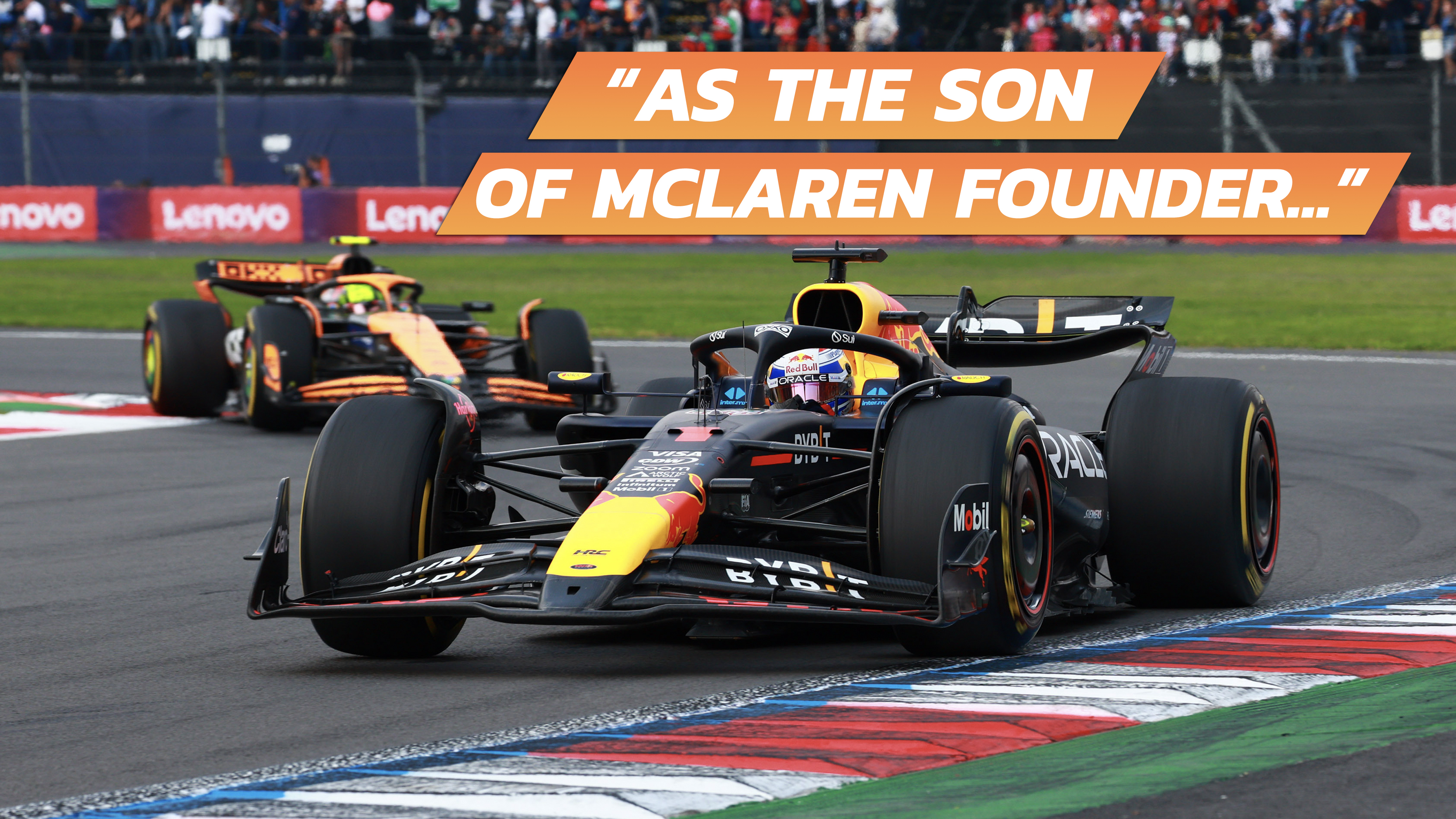 Image of Max Verstappen's F1 car on track with the text "as the son of McLaren founder..." superimposed