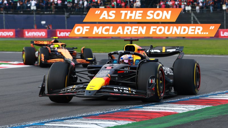 Image of Max Verstappen's F1 car on track with the text "as the son of McLaren founder..." superimposed