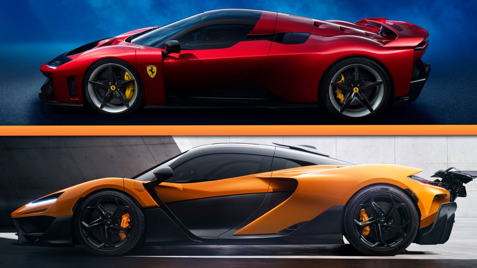 Side profile views of Ferrari F80 and McLaren W1 stacked.