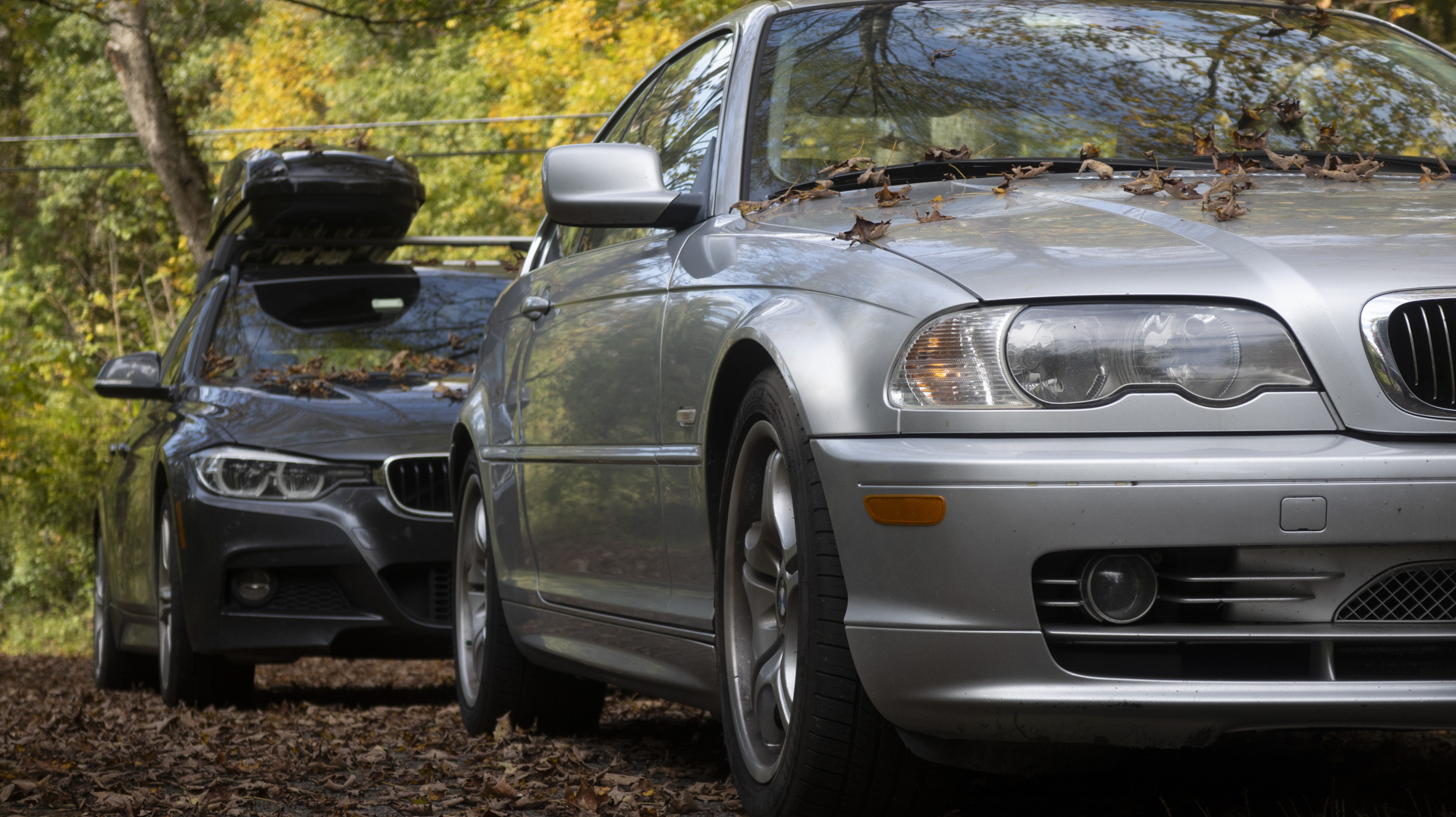 BMW E46 coupe and F31 wagon chilling in the fall.