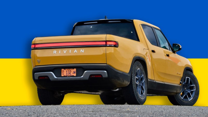 2022 Rivian R1T in front of the flag of Ukraine