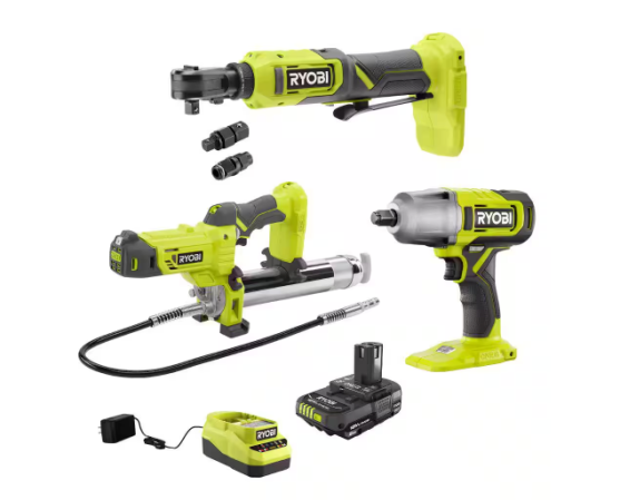  ryobi car kit grease gun impact wrench ratchet battery