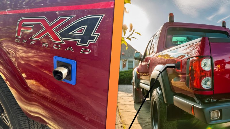 Side-by-side image of a PrankPort close up on a pickup truck, next to a wider shot of an EV charge plug going into one.