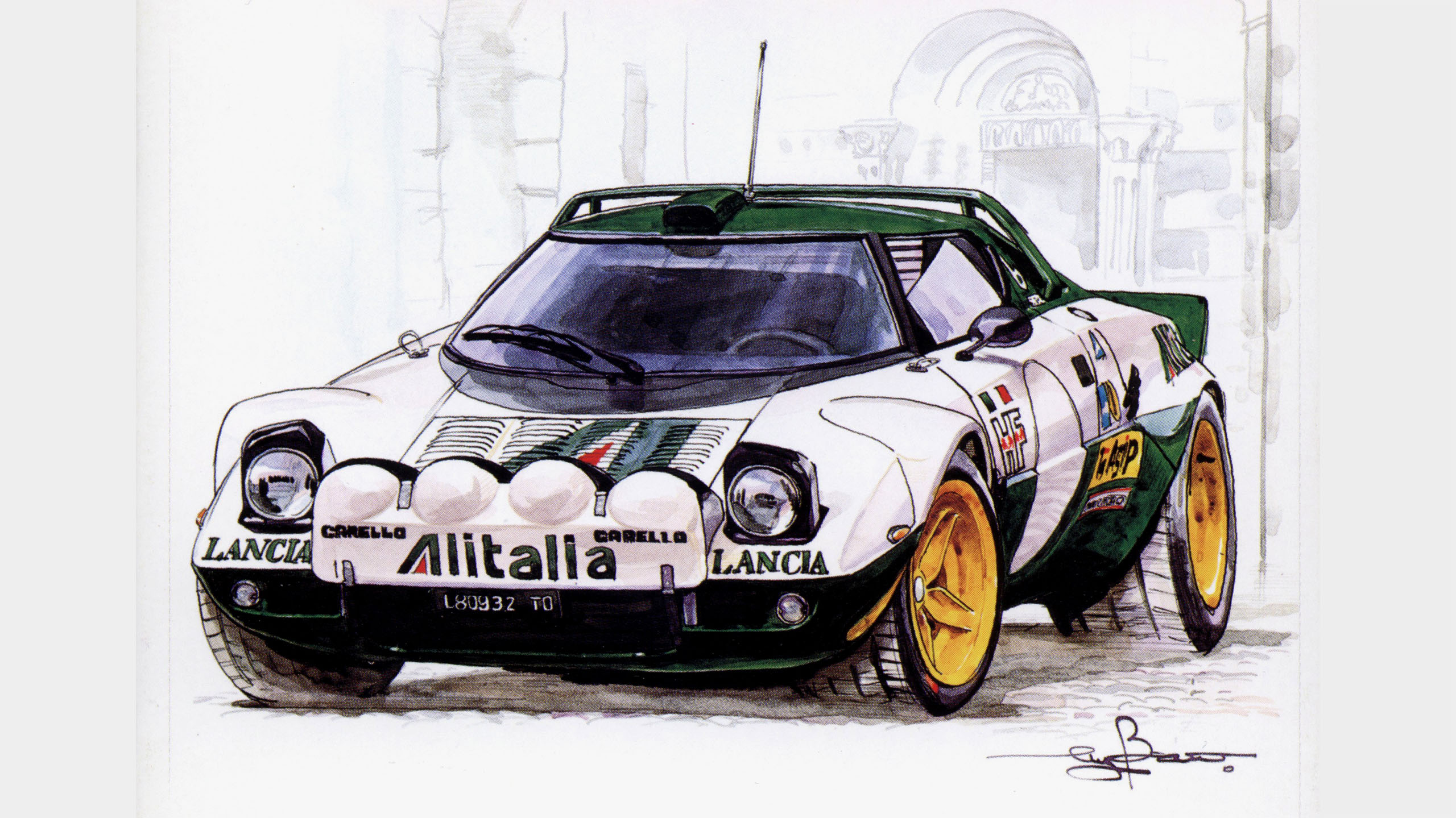 Artist Bow's illustration of a Lancia Stratos that appears on the cover of Sega Rally 2 for Dreamcast and PC.