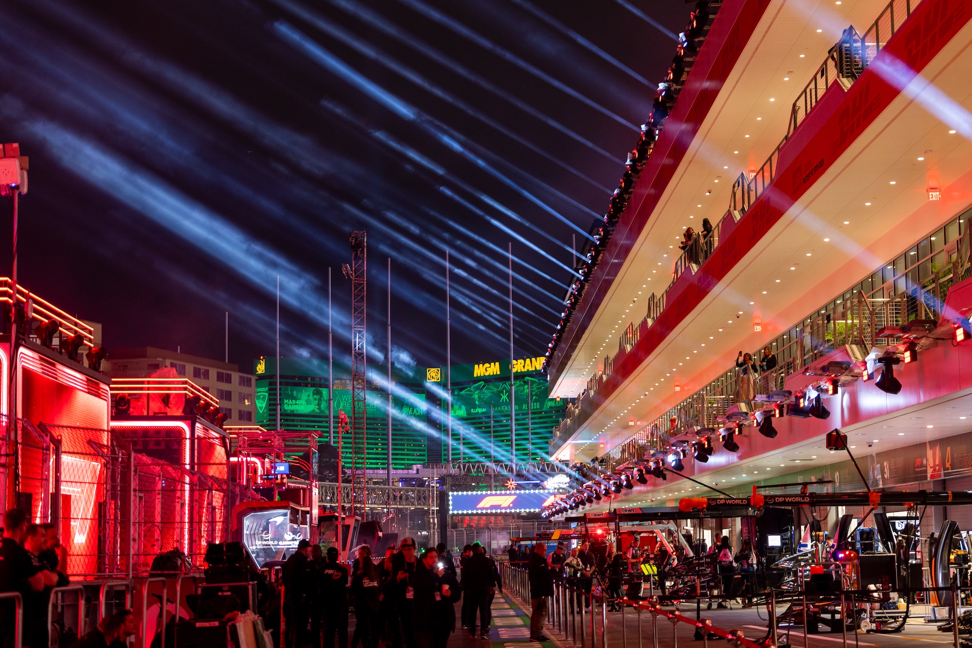 LAS VEGAS, NV - NOVEMBER 15: The pit lane is lit up Vegas style before the opening ceremony of the F1 Las Vegas Grand Prix on Wednesday, November 15, 2023 on the Las Vegas Street Circuit in Las Vegas, NV. (Photo by Bob Kupbens/Icon Sportswire via Getty Images)