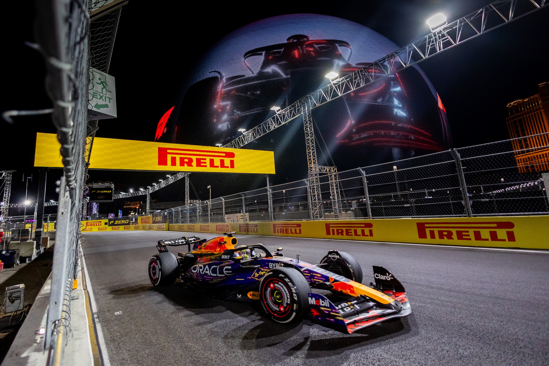 LAS VEGAS, NE - NOVEMBER 18: Red Bull Racing driver Max Verstappen (1) of the Netherlands drives past the Sphere during the Las Vegas F1 Grand Prix on Saturday, November 18, 2023 at Las Vegas Street Raceway in Las Vegas Vegas, Nevada. (Photo by Bob Kupbens/Icon Sportswire)