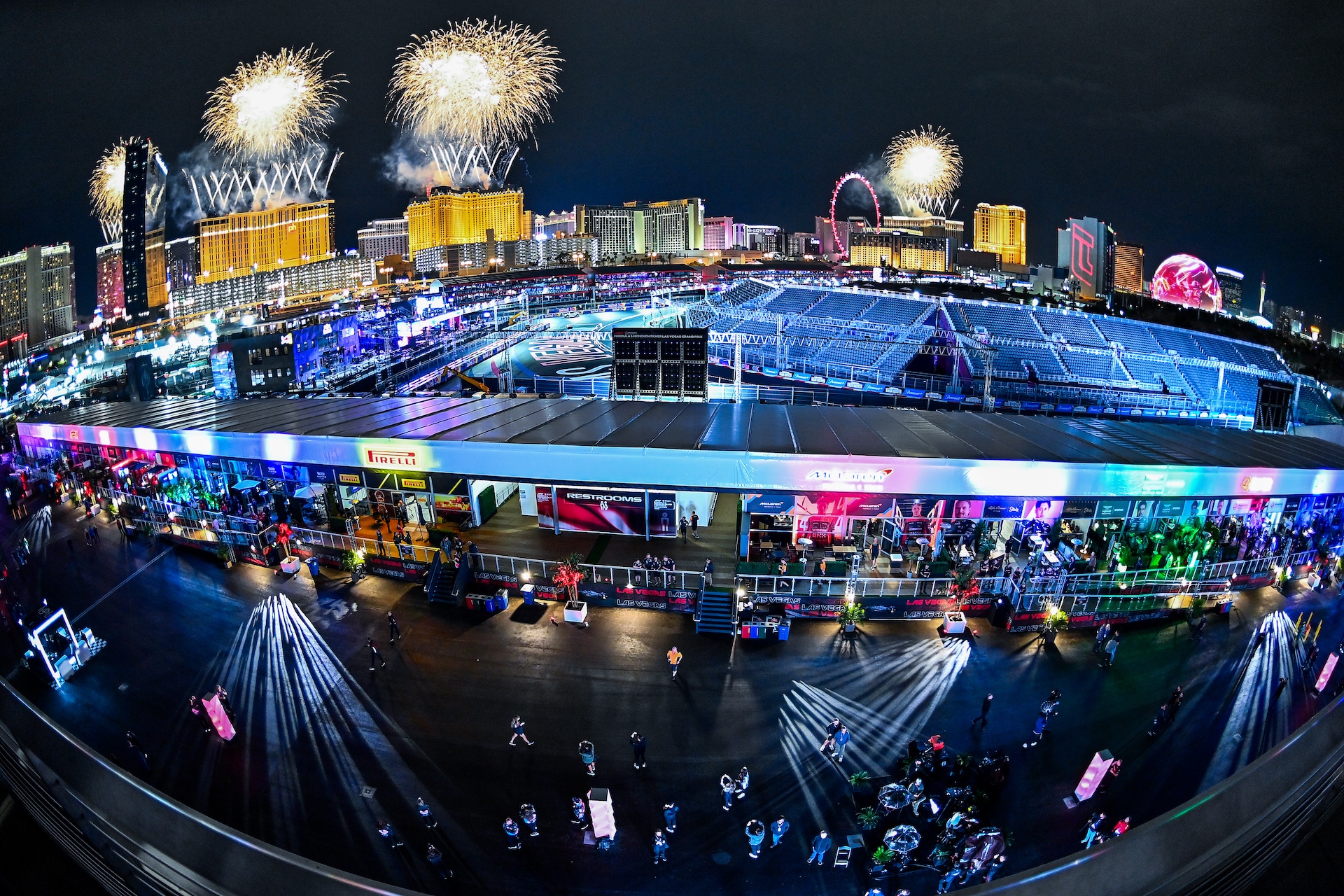 LAS VEGAS, NEVADA - NOVEMBER 15: A general view of the opening ceremony fireworks during the F1 Las Vegas Grand Prix preview at the Las Vegas Strip on November 15, 2023. in Las Vegas, Nevada. (Photo by David Becker - Formula 1/Formula 1 via Getty Images)