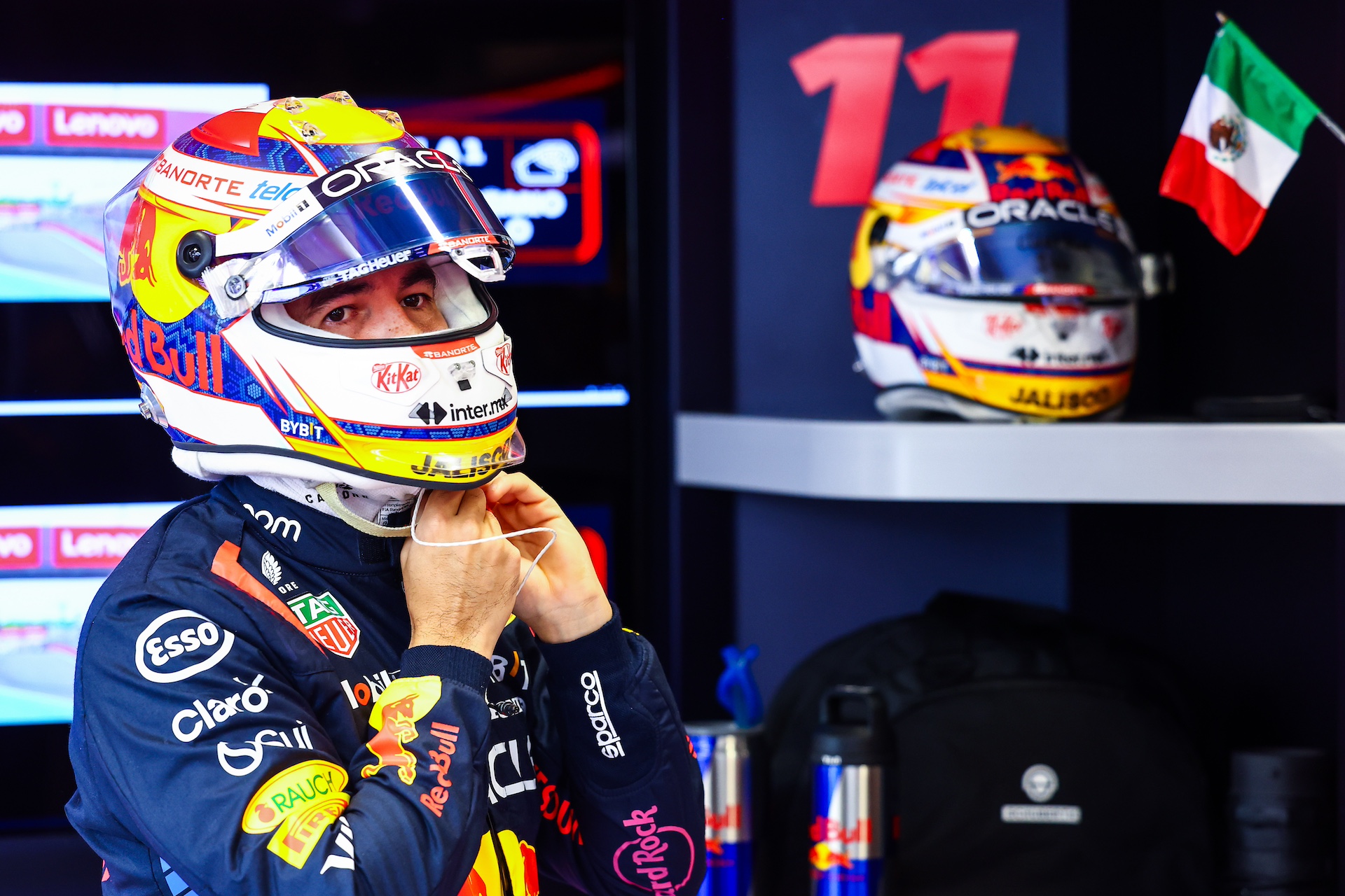 SAO PAULO, BRAZIL - NOVEMBER 02: Sergio Perez of Mexico and Oracle Red Bull Racing prepares to drive in the garage prior to the Sprint ahead of the F1 Grand Prix of Brazil at Autodromo Jose Carlos Pace on November 02, 2024 in Sao Paulo, Brazil. (Photo by Mark Thompson/Getty Images)